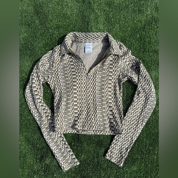 Urban outfitters Iets frans green and cream Patterned crop Zip-Up Sweater size S - Picture 2 of 6